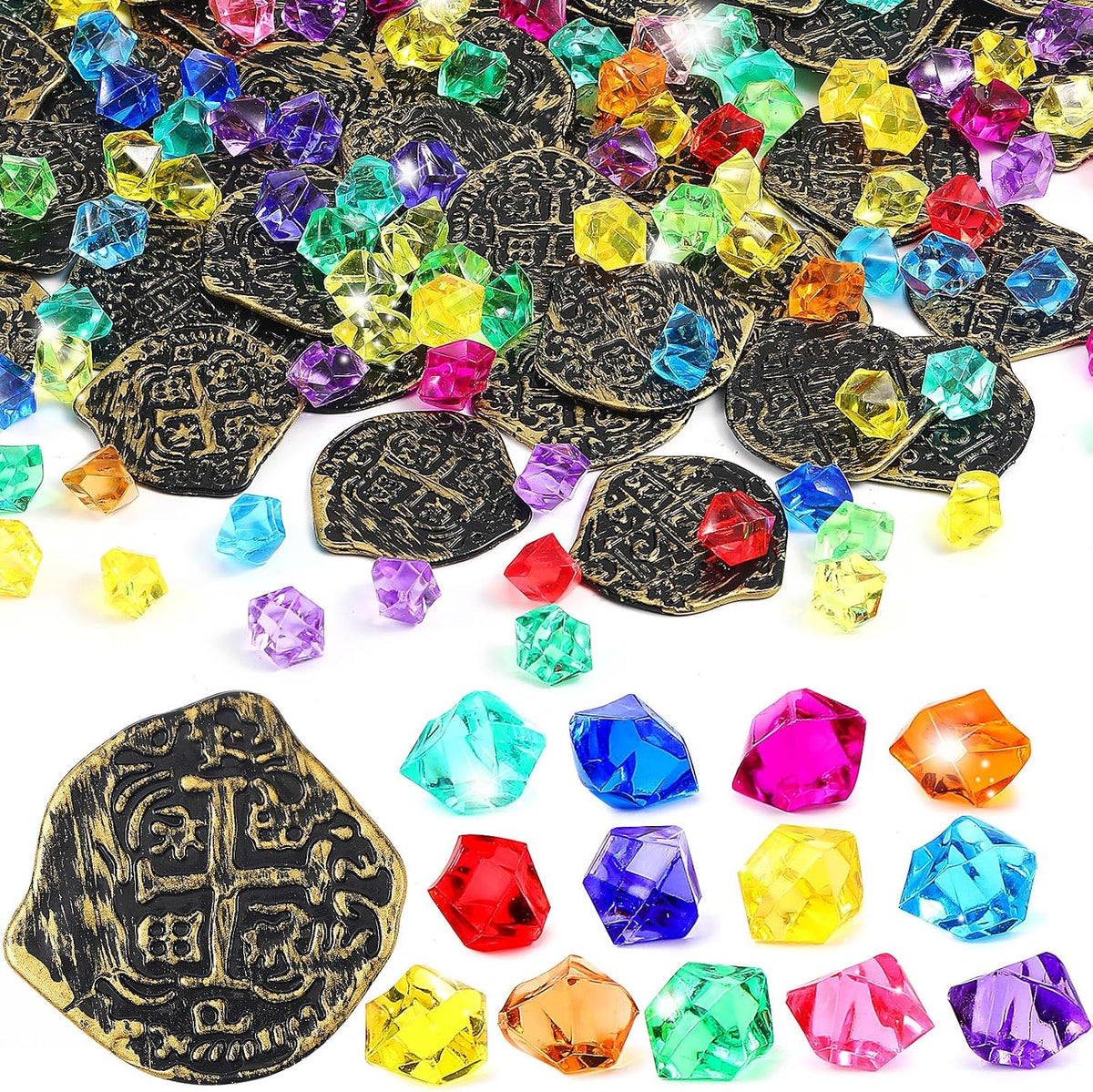Hanaive 150 Pcs Plastic Pirate Gold Coins Fake Gems Set - Bronze / Novel Style