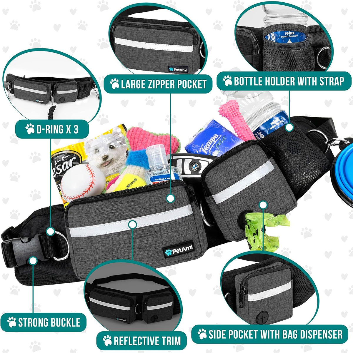 PetAmi Hands Free Dog Leash with Waist Running Belt Bag, Single – Essentials for Dogs - 1 Leash / Charcoal Grey - image 3