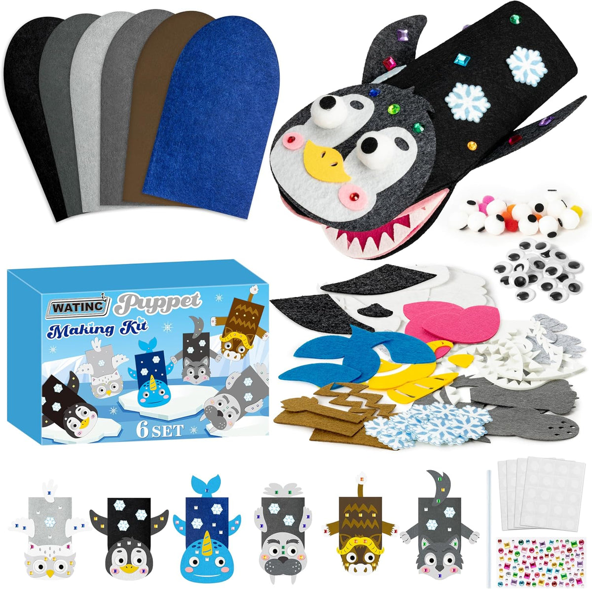 WATINC Hand Puppet Making Kit, Felt Sock Puppet Toys for Kids – Fun for Kids & Family - Polar Animals B