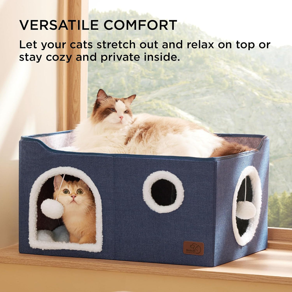Bedsure Cat House Bed for Indoor Cats with Fluffy Ball and Scratch Pad - Blue / Widen - image 3