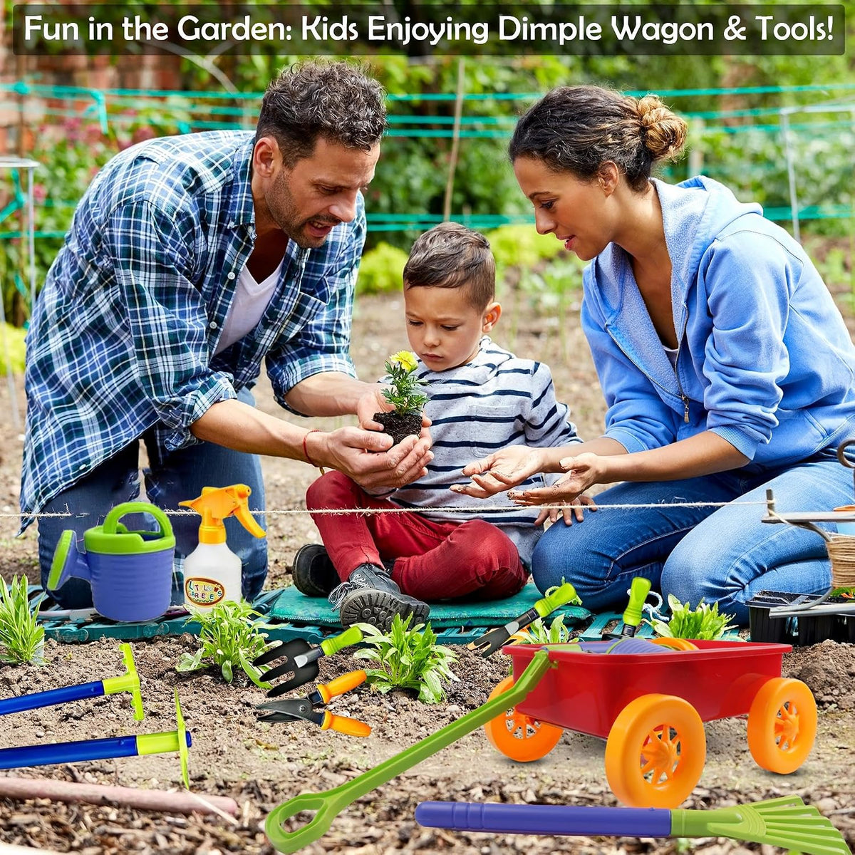 Dimple Garden Wagon & Tools Toy Set, Kids Gardening Set - Red - image 3