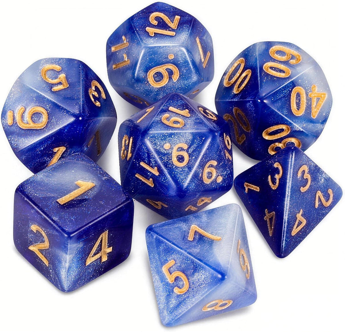 QMAY DND Dice Set - 7Pcs Blue Mix White Polyhedral Dice with Black Dice Bag – Fun for Kids & Family - Deep Blue Sky