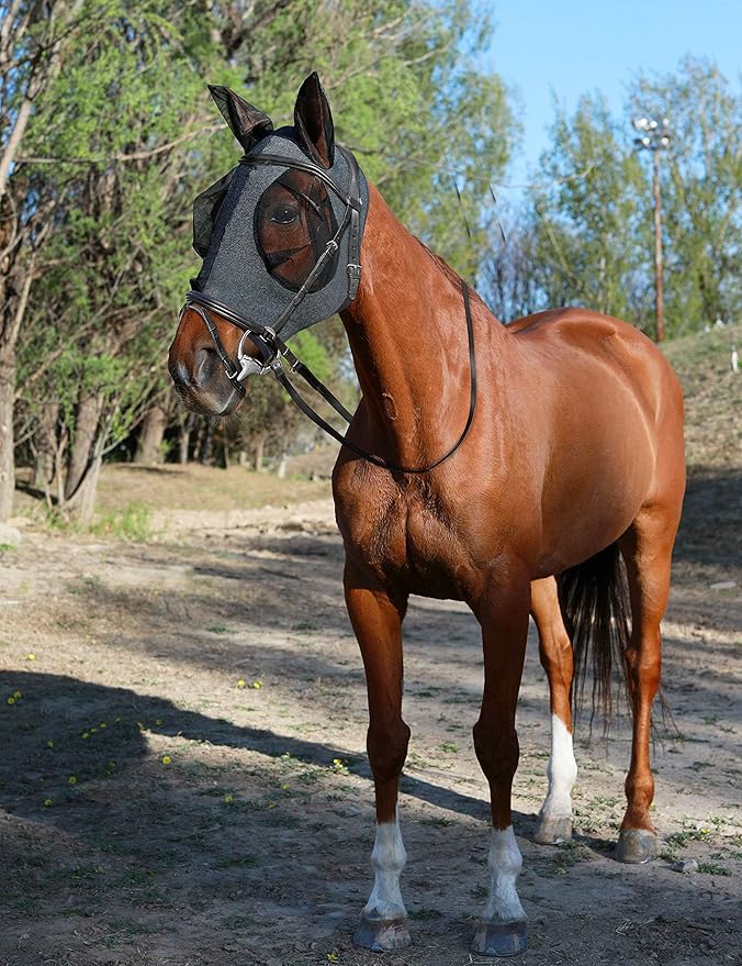 Horse Fly Mask with Ears, UV Protection Mask for Horses, Elasticity Mask with Big Mesh Eye Covers, Snug Fitting Comfortable Breathable Lightweight Dappled Gray Full Size