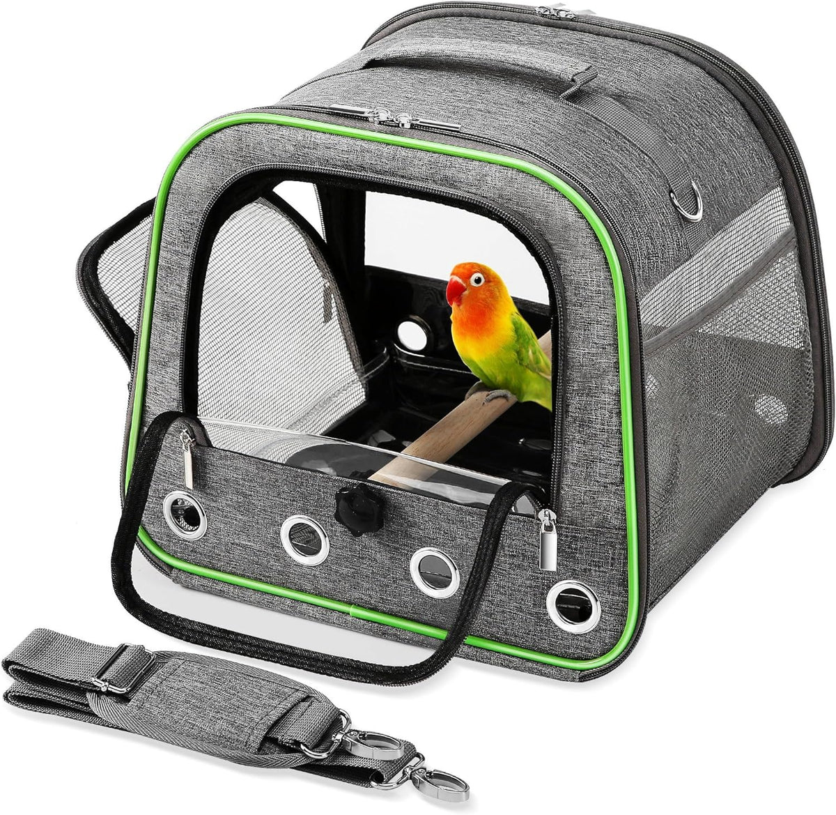 Small Bird Carrier, Large Window Travel Cage with Stand and Easy Clean Tray for Parrot Parakeet - Grey