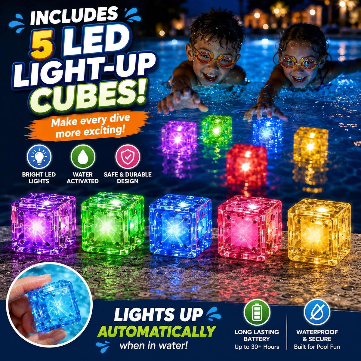 JoyX 35 piece glow pool diving toys set with LED cubes, diving rings, goggles and carry bag - view 3