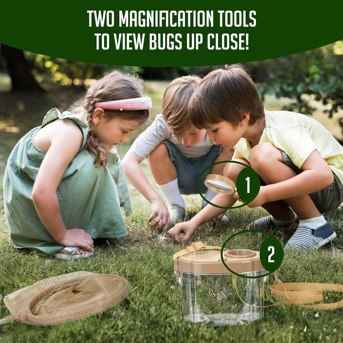 Montessori Mama kids bug catching kit with bug habitat, net and magnifying glass - view 4