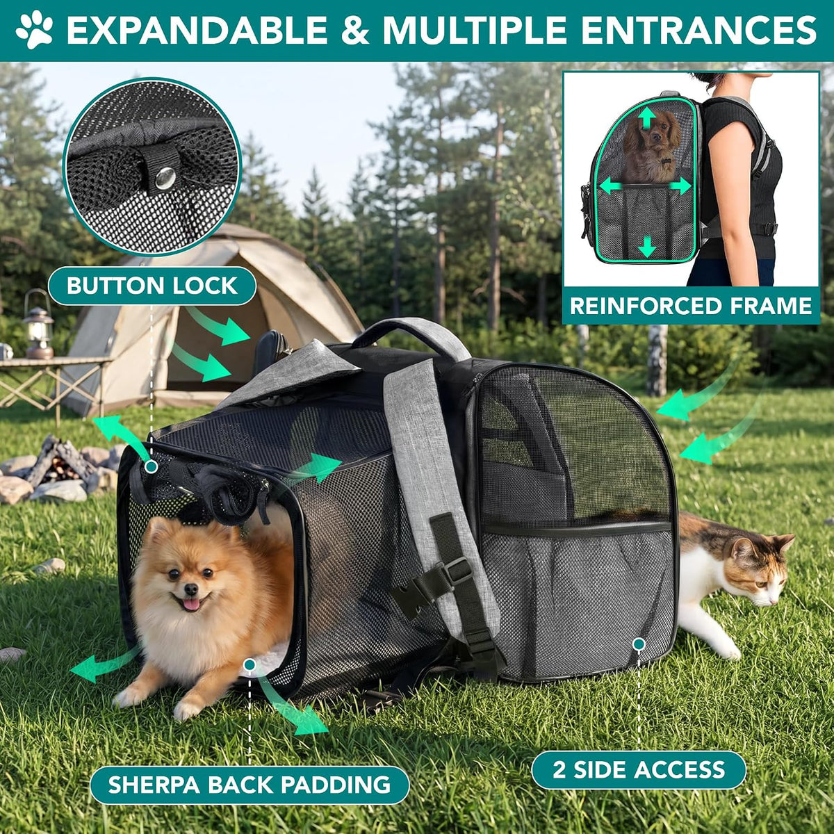 PetAmi Expandable Dog Cat Backpack Carrier, Airline Approved - 12.5"L x 10.2"W x 16.3"H / Gray - image 3
