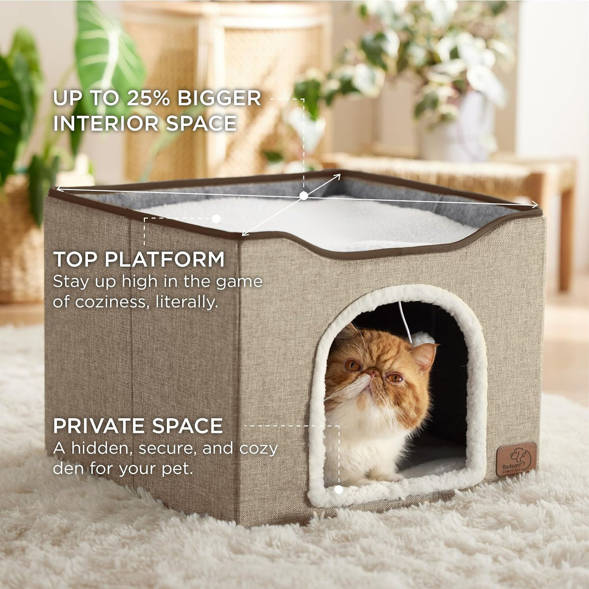 Bedsure Cat House Bed for Indoor Cats with Fluffy Ball and Scratch Pad - Brown / Single - image 2
