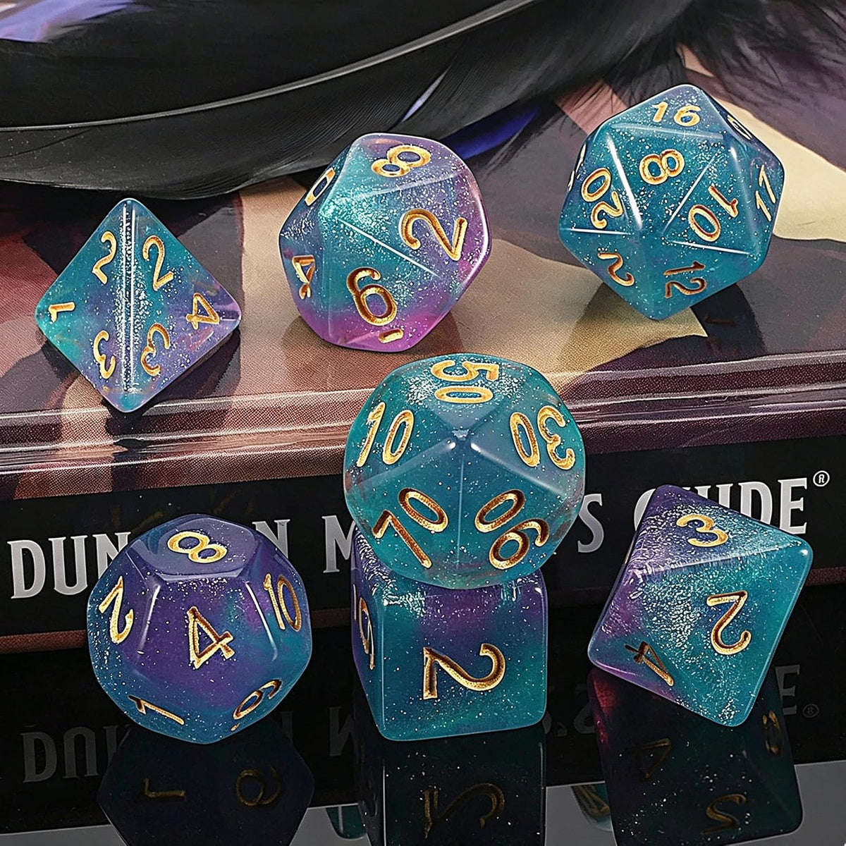 QMAY DND Dice Set - 7Pcs Blue Mix White Polyhedral Dice with Black Dice Bag – Fun for Kids & Family - Purple Light Blue Glitter - image 4