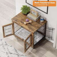 Lulive Small Dog Crate Furniture, Dog Kennel Indoor Double Doors Wooden Dog Cage, 27.1'' Heavy Duty Dog Crate with Cushion & Wheels, Decorative End Table Pet House Chew-Resistant for Small Dogs, Brown