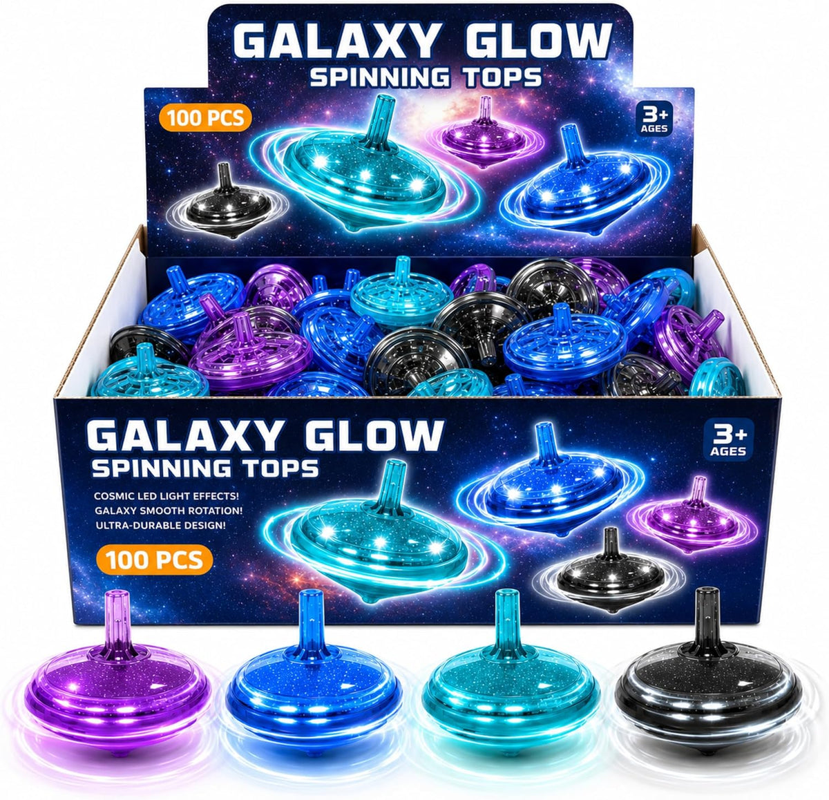 LED Flashing Spinning Tops for Kids - Galaxy - 100 Piece