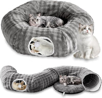 Bubble Cat Tunnel for Indoor Cats, Round Peekaboo Cave Toy with Dangling Balls, Donut Tunnel Bed with Circle Mat for Puppy Kitten Rabbit, Grey