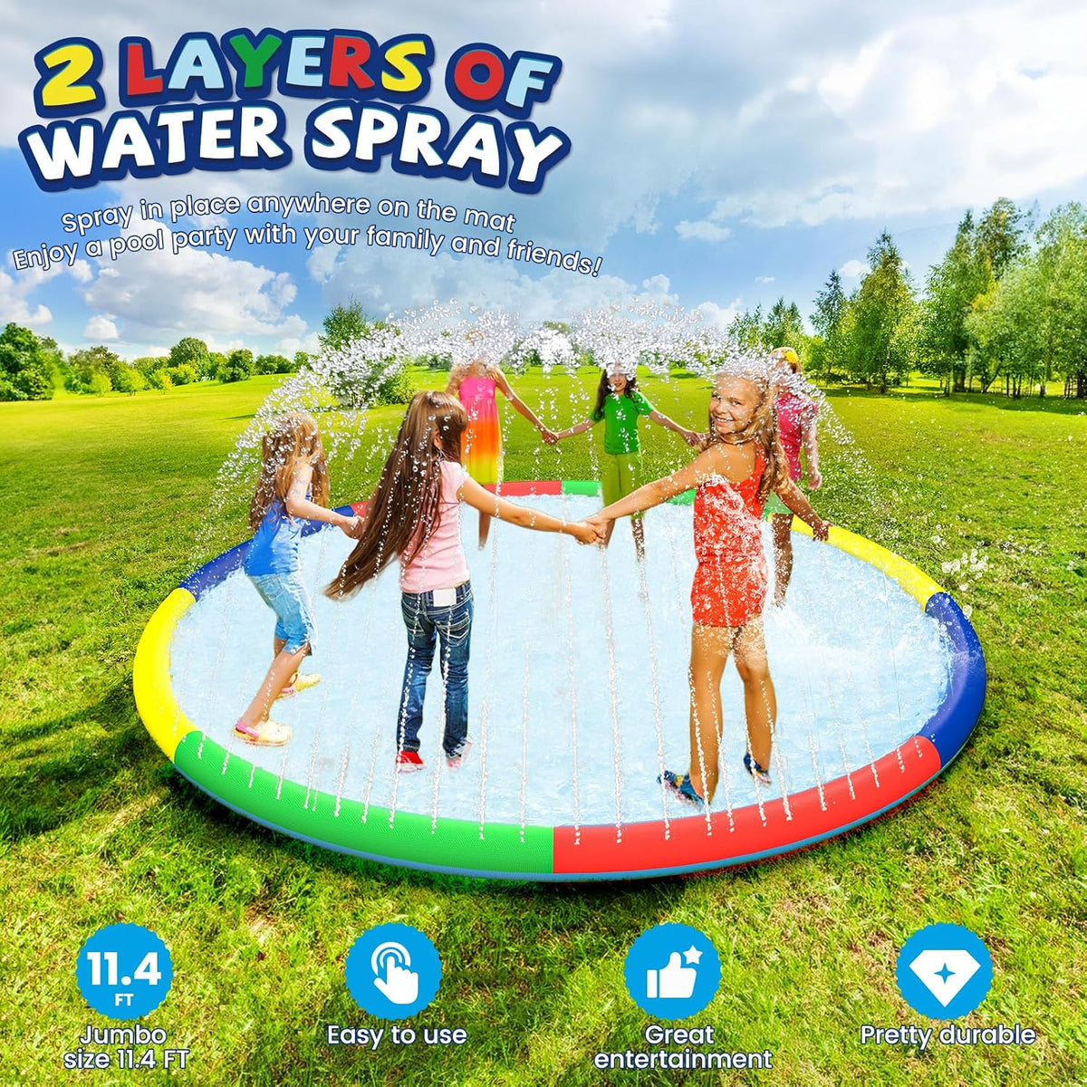 ODOSOLA large non-slip kids splash pad spraying water on a backyard lawn - view 7