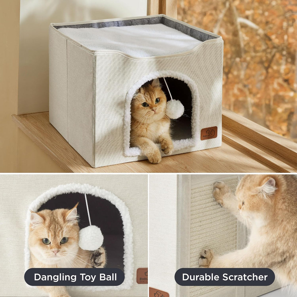 Bedsure Cat House Bed for Indoor Cats with Fluffy Ball and Scratch Pad - Ivory / Single - image 4