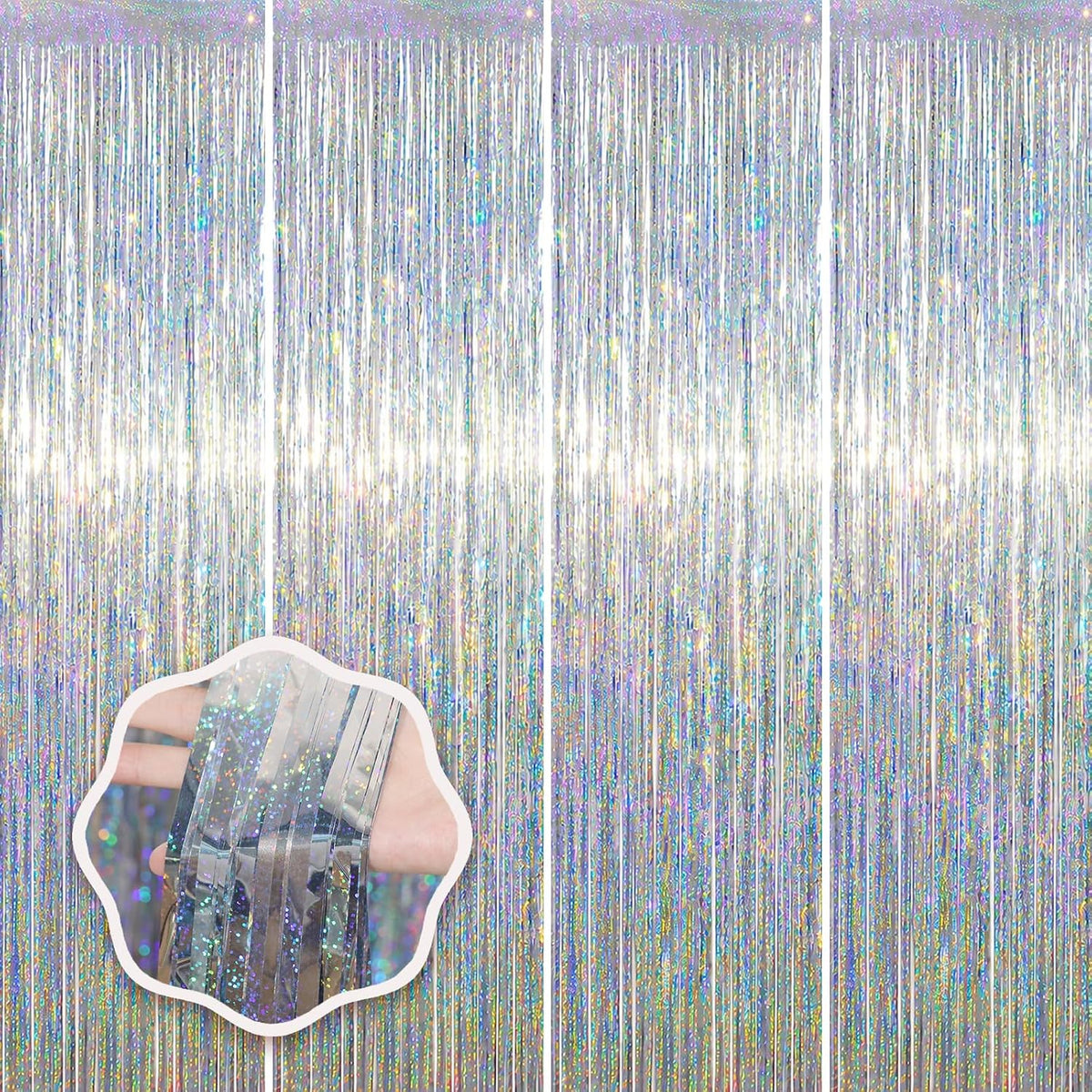 Voircoloria 2 Pack Gold Foil Fringe Backdrop Curtains - Laser Silver / 4