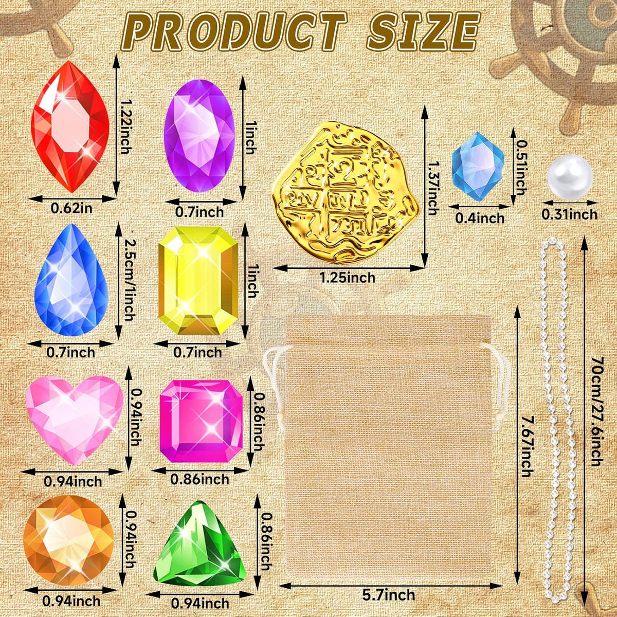 MARFOREVER pirate treasure pool toys with colorful gems, gold coins, pearl necklaces and drawstring  - view 3