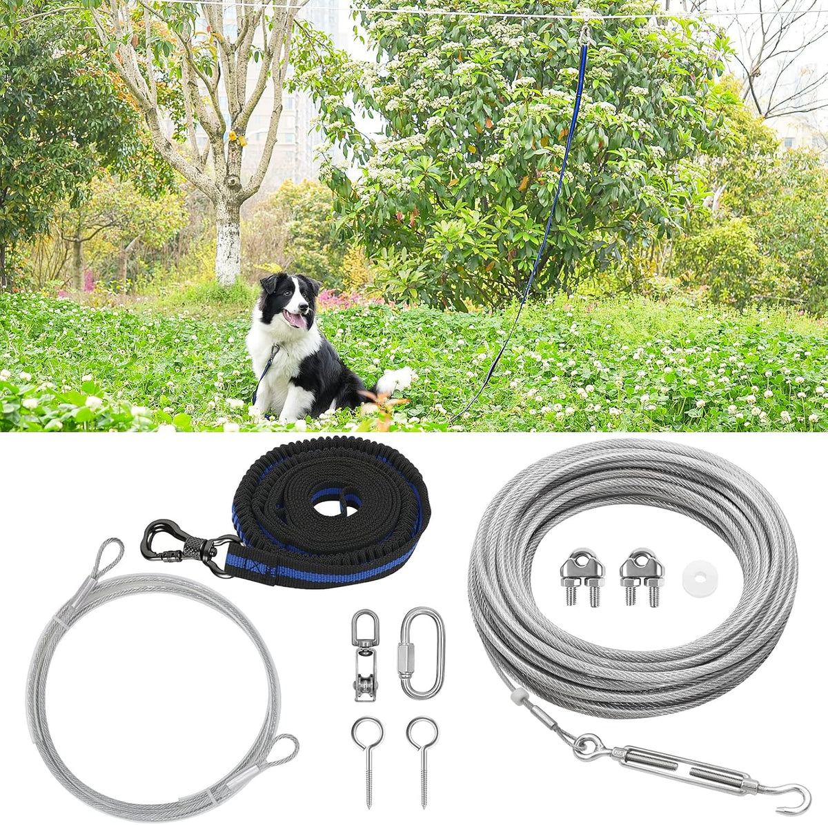 XiaZ Dog Tie Out Cable, Pet Lead for Yard, Camping, Outdoor - 200ft for 1 dog / Silver