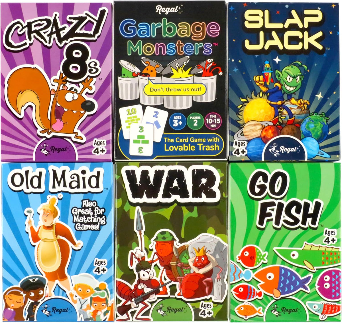 Regal Games Card Games for Kids, Go Fish, Crazy 8's, Old Maid - Original Set of 6 Decks