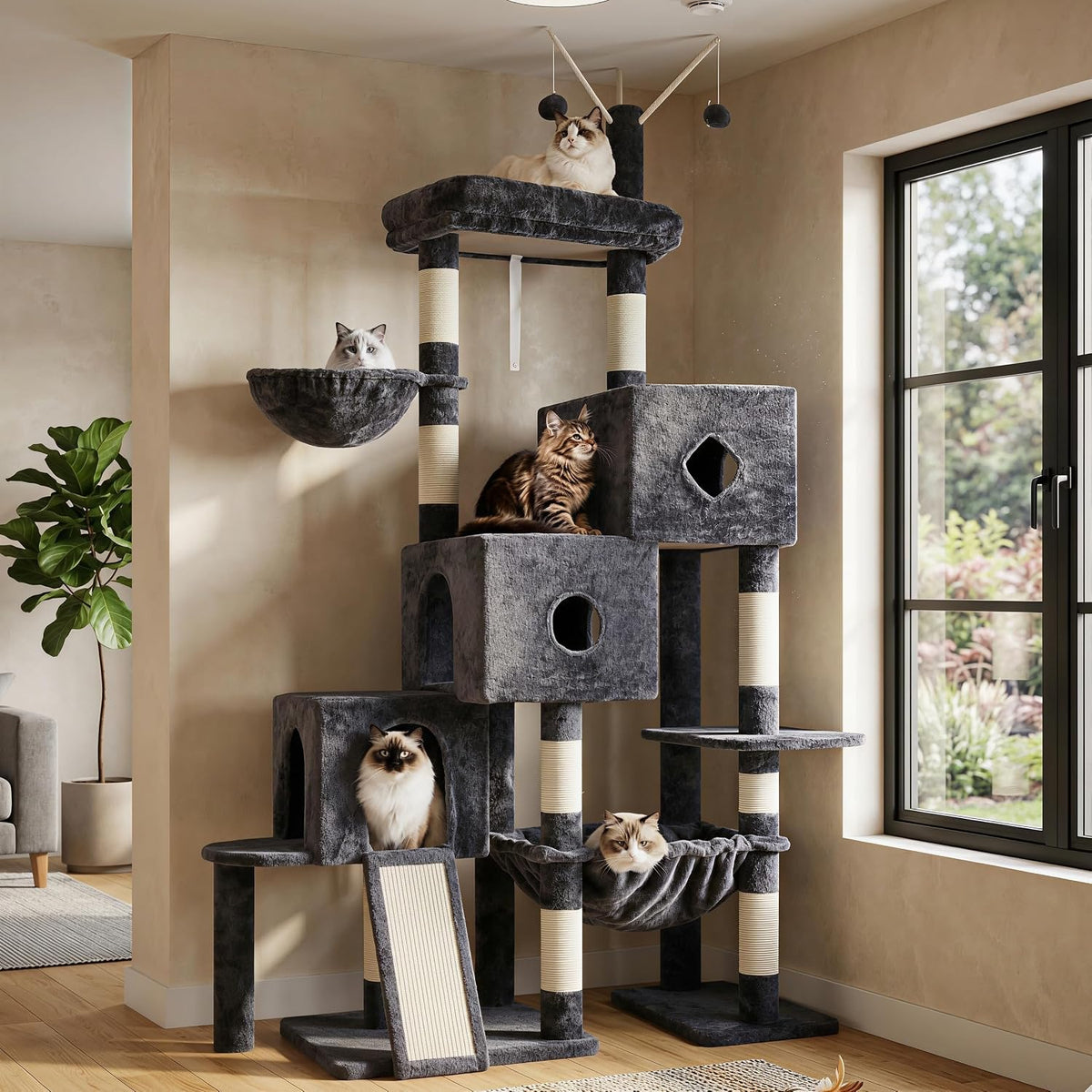 Hey-brother Cat Tree Tower with 3 Condos - 74.8 inches / Smoky Gray