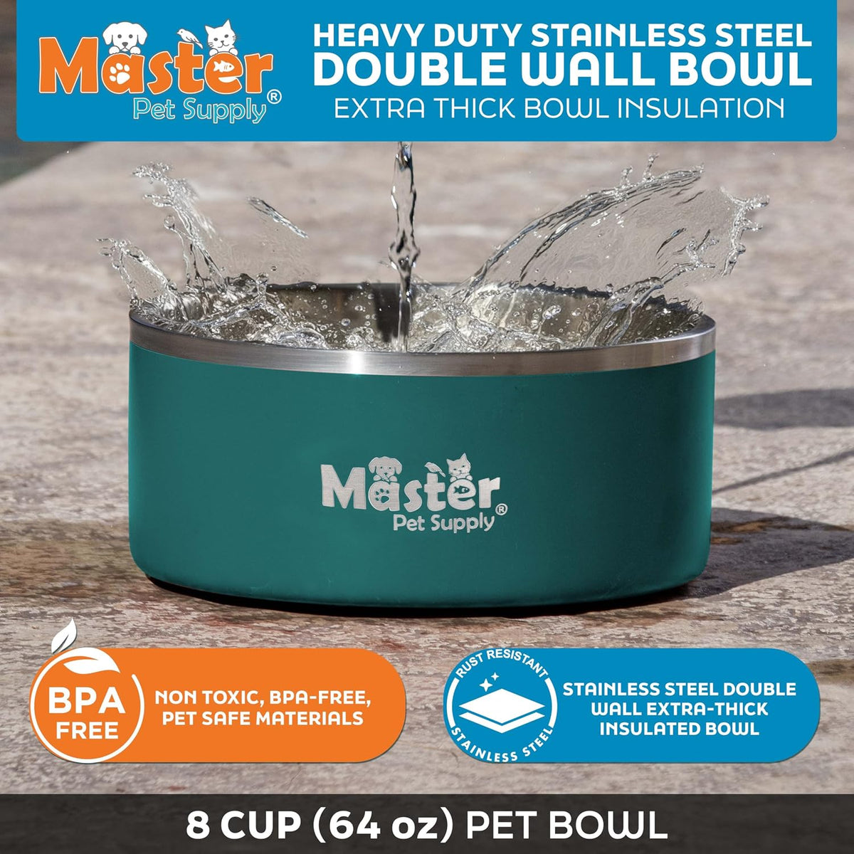 Master Pet Supply Stainless Steel Dog Bowls 128 oz Heavy Duty Aqua Sky – Essentials for Dogs - Emerald Sea / 8 Cups (64 oz) - image 3