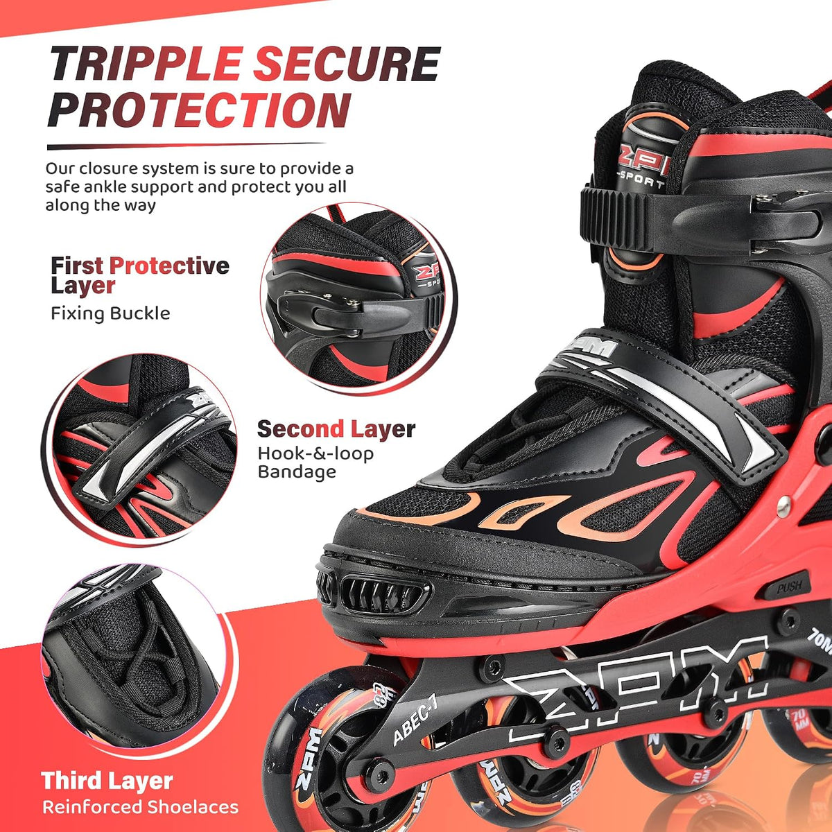 2PM SPORTS Adjustable Inline Skates for Kids, Youth and Adults - Red / Large - Youth (4.5-8 US) - image 3