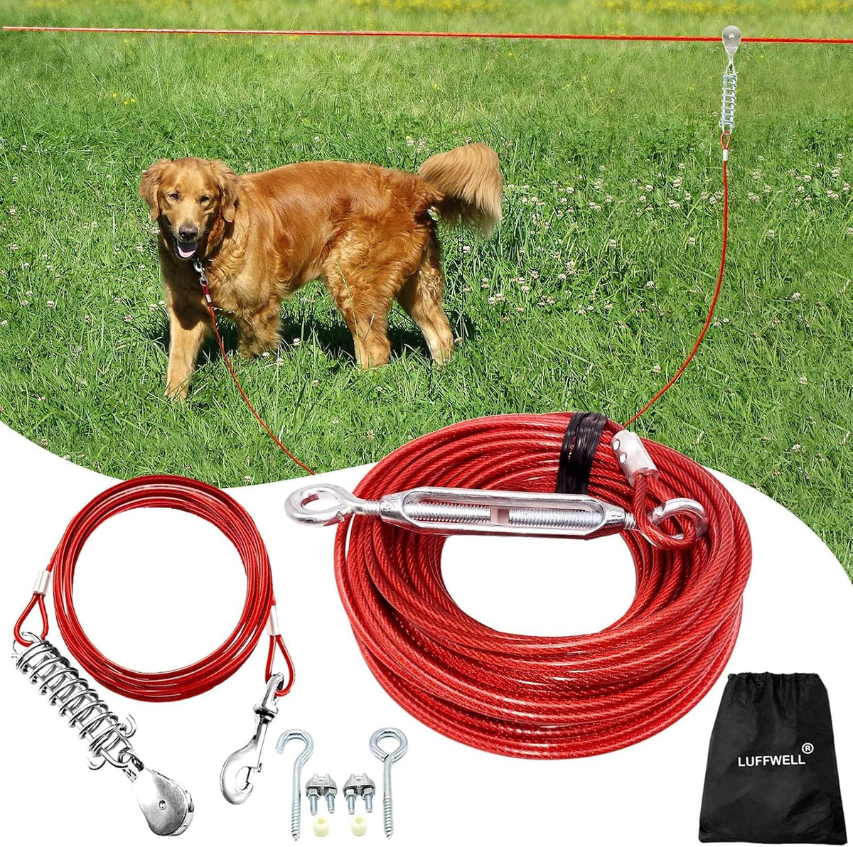 Dog Runner for Yard, Outdoor Dog Run - Red / 50FT+10FT