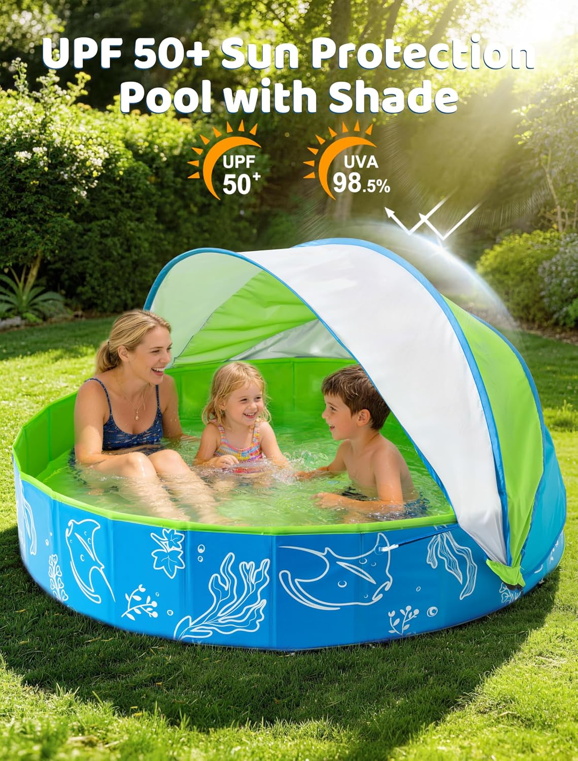 Hikiddy Foldable Kiddie Pool with Canopy: Baby Infant Toddler Kids - Blue-green / 63in - image 4