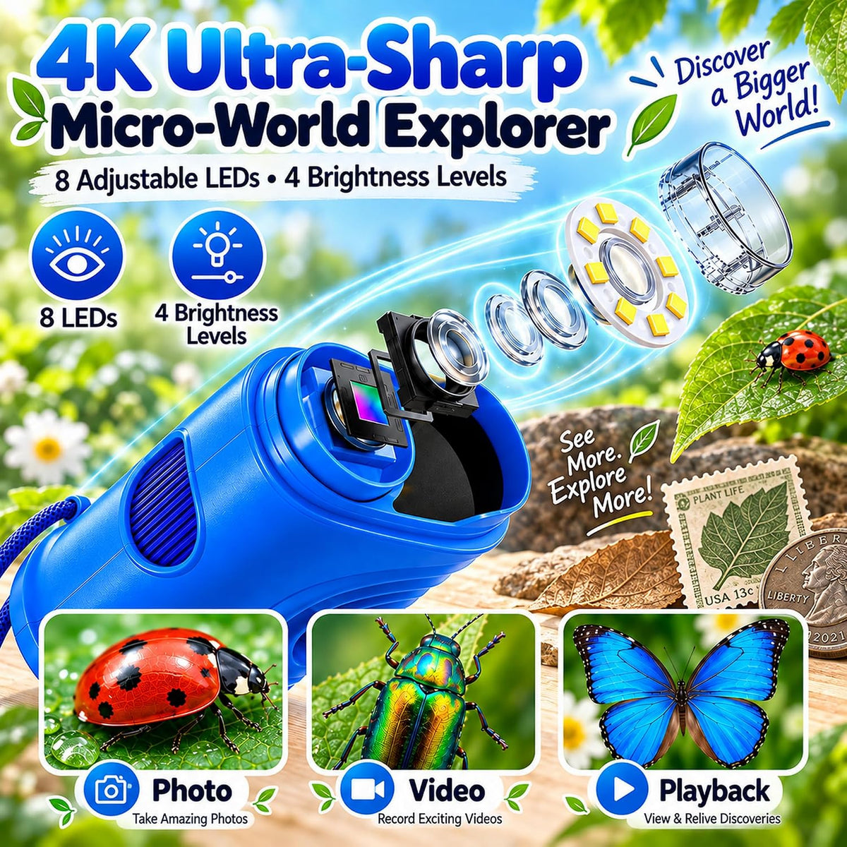 Kids Microscope, 4K 1000X Zoom, 2.4" Screen - Blue - image 3