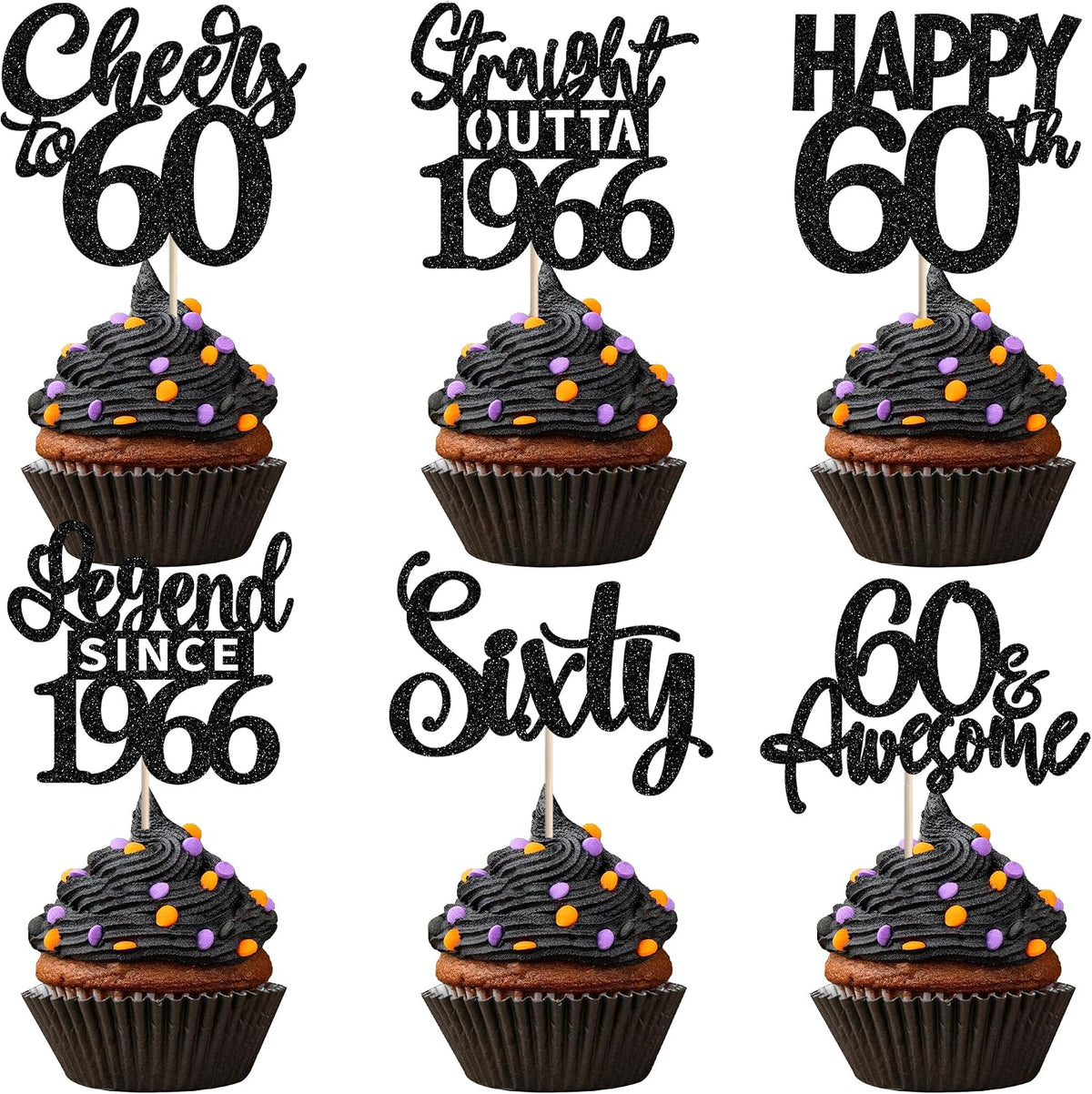 24PCS Black Happy 50th Birthday Cupcake Toppers Fifty Straight Outta - Black / 60th