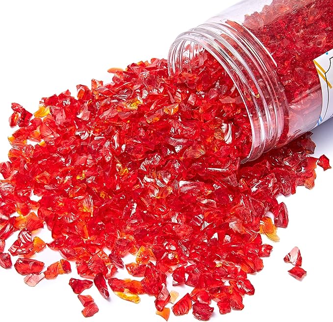 TWINKLING High Luster Fire Glass Gravel Stone Glitter,Broken Glass,Fire Gems Chips,Crushed Glass for Fire Pit Crafts Resin Art Aquarium Garden Decoration,3-6mm,1-Pound Jar (Red)