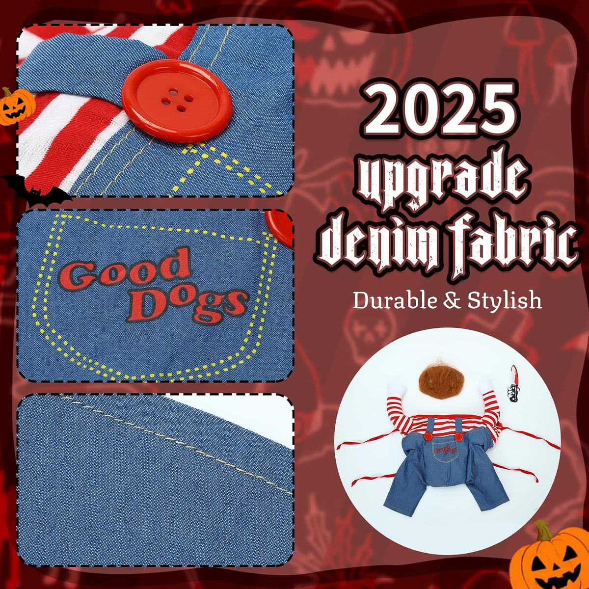 T2Y Chucky dog costume in denim with wig and detachable felt knife for large dogs - view 3