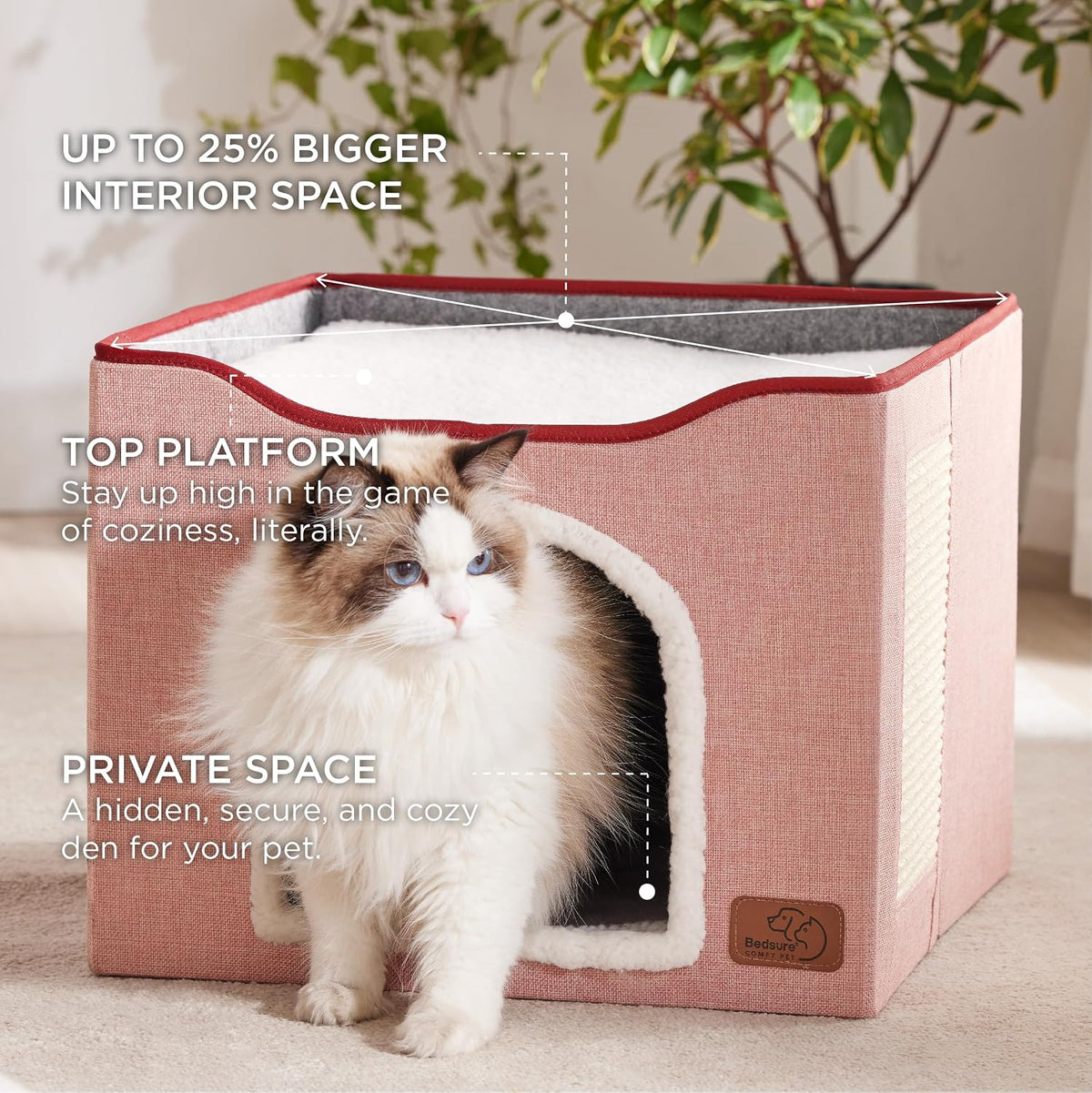 Bedsure Cat House Bed for Indoor Cats with Fluffy Ball and Scratch Pad - Pink / Single - image 2