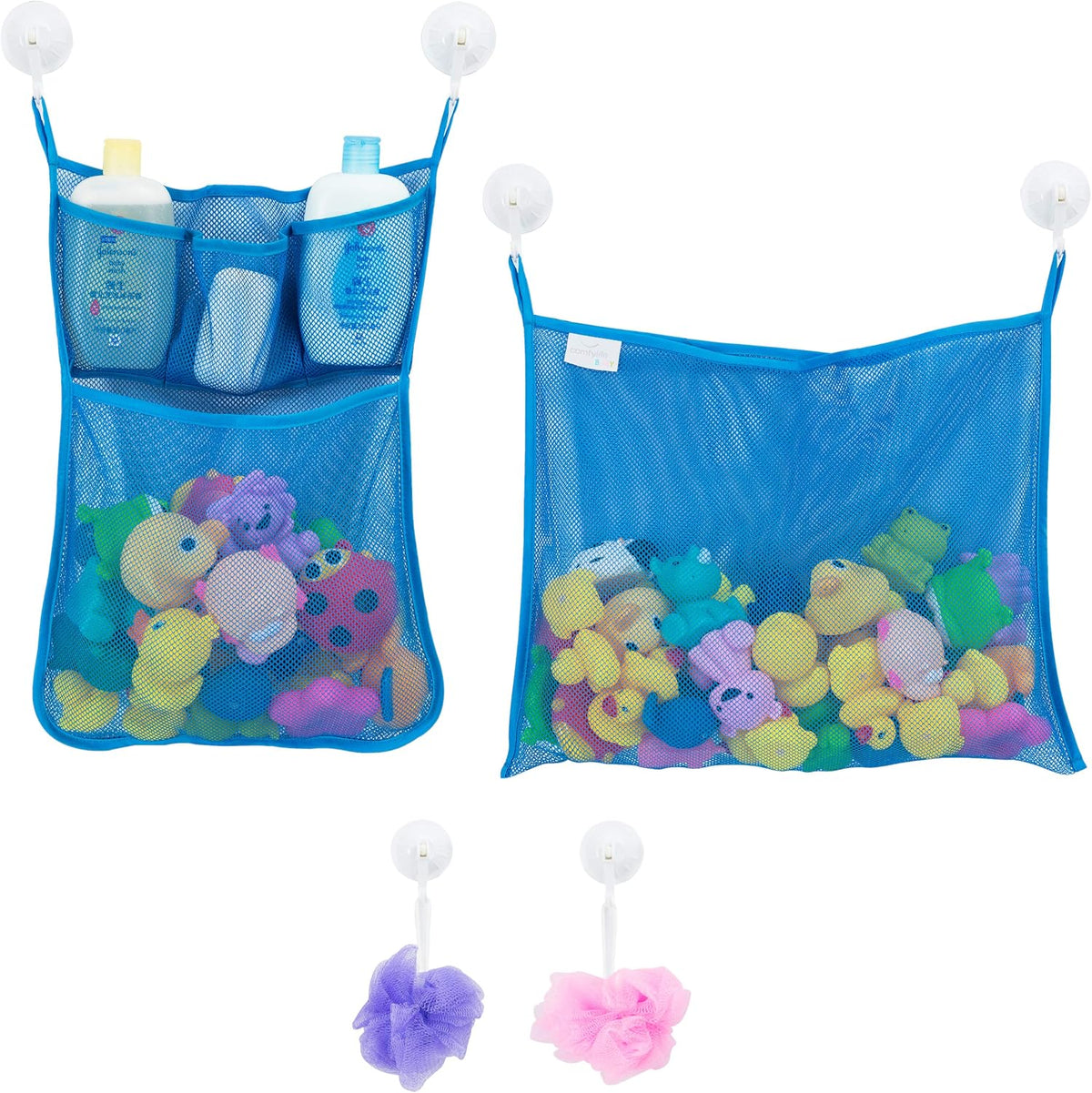 2 x Mesh Bath Toy Organizer + 8 Ultra Strong Hooks - Blue 2-Pack