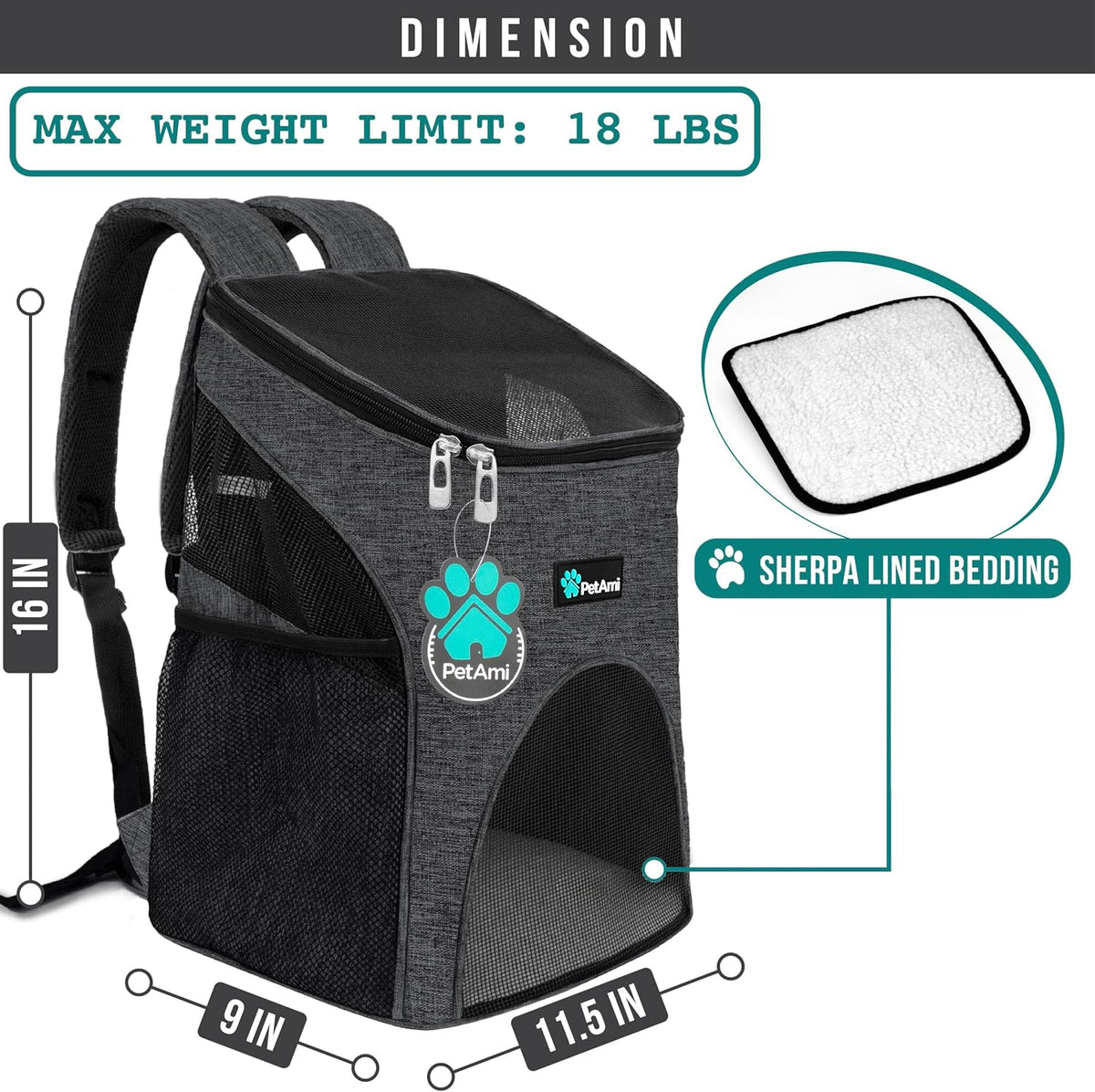 PetAmi Cat Backpack Carrier for Small Dogs and Large Cats - Heather Charcoal - image 2