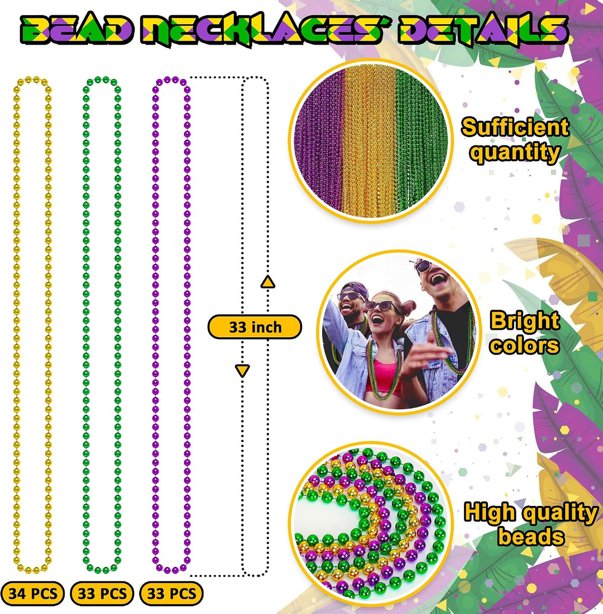 100PCS Bead Necklace, Gold Mardi Gras Beads Party Stuff - Purple Gold and Green - image 2