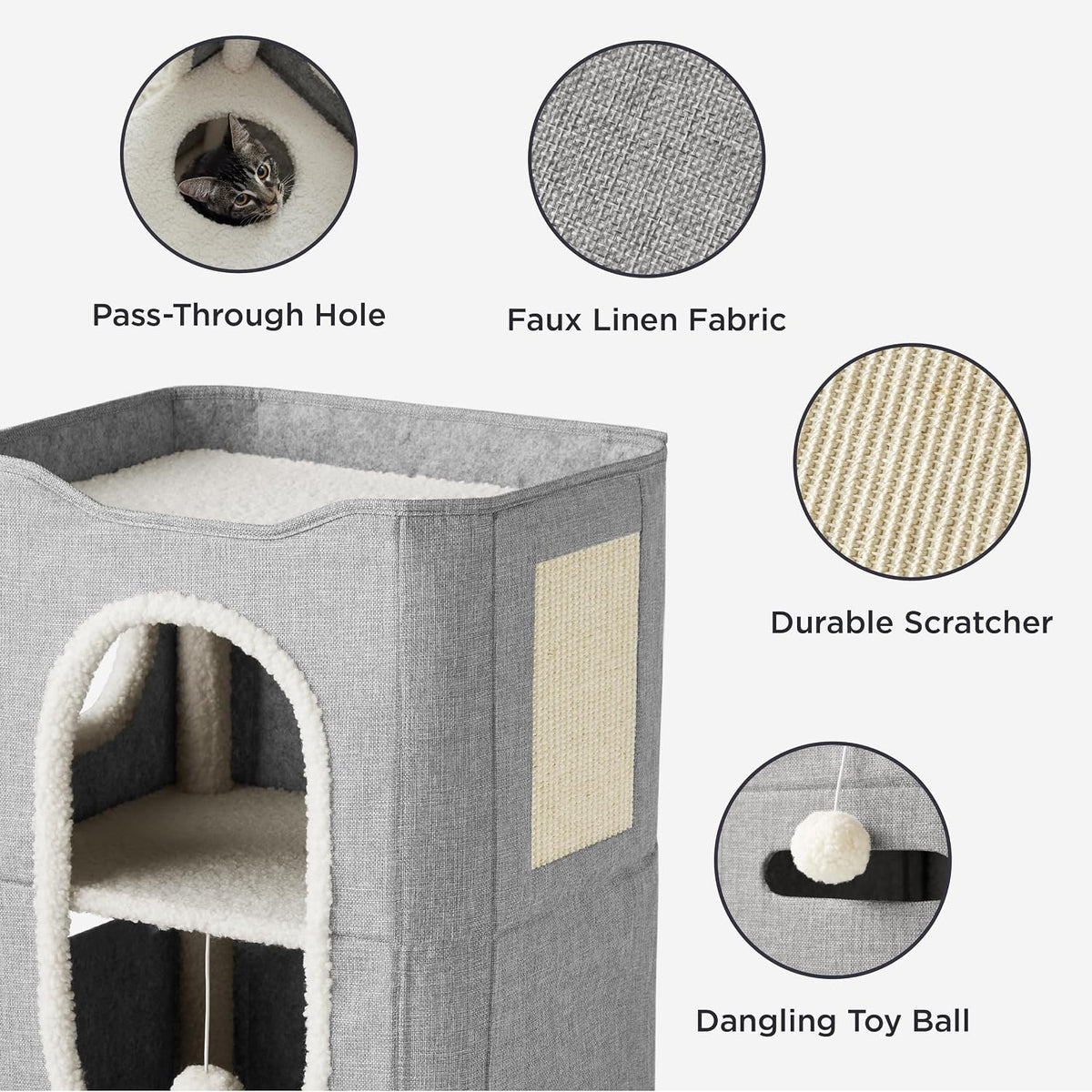 Bedsure Cat House Bed for Indoor Cats with Fluffy Ball and Scratch Pad - Grey / Double - image 3