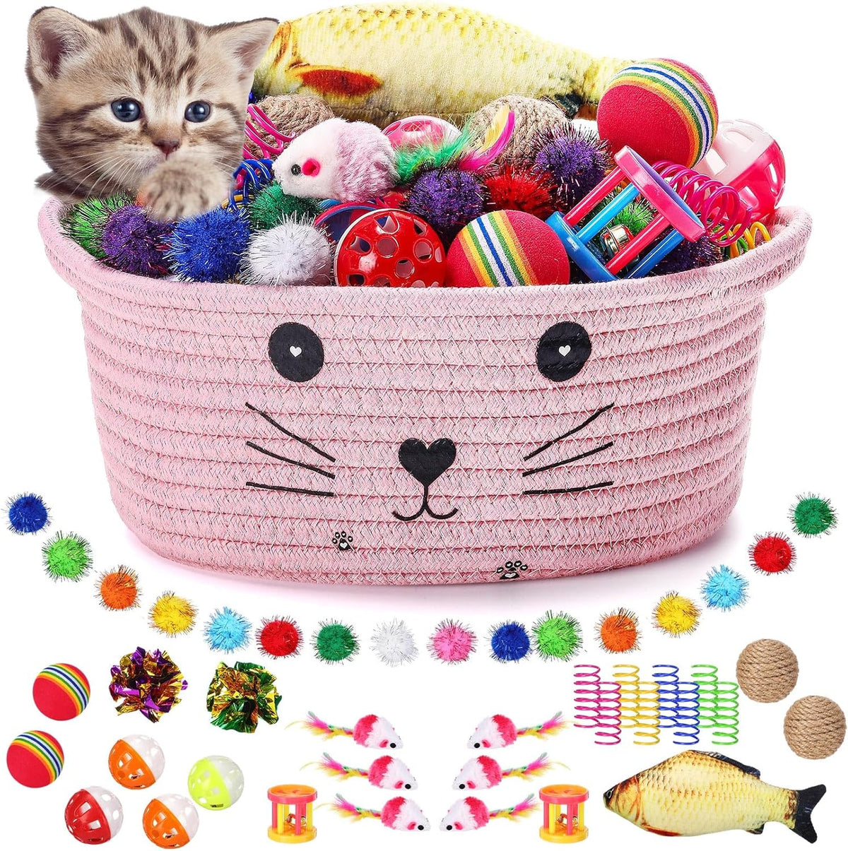Zopeal 58 Pcs Cat Toy Set with Storage Basket Indoor, Grey - Pink / 9.8 Inch