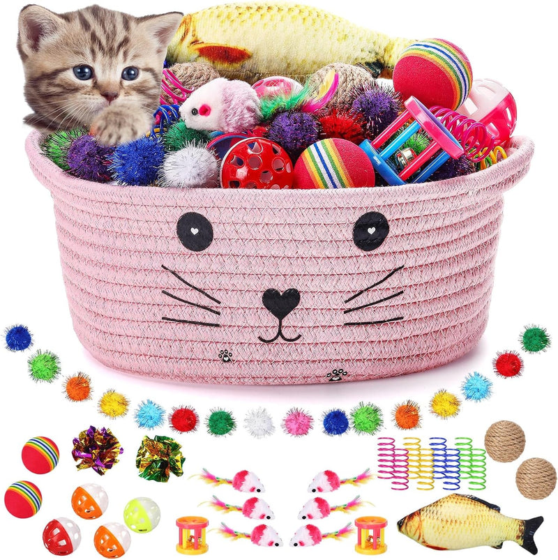 Zopeal 58 Pcs Cat Toy Set with Storage Basket Indoor, Grey - Pink / 9.8 Inch