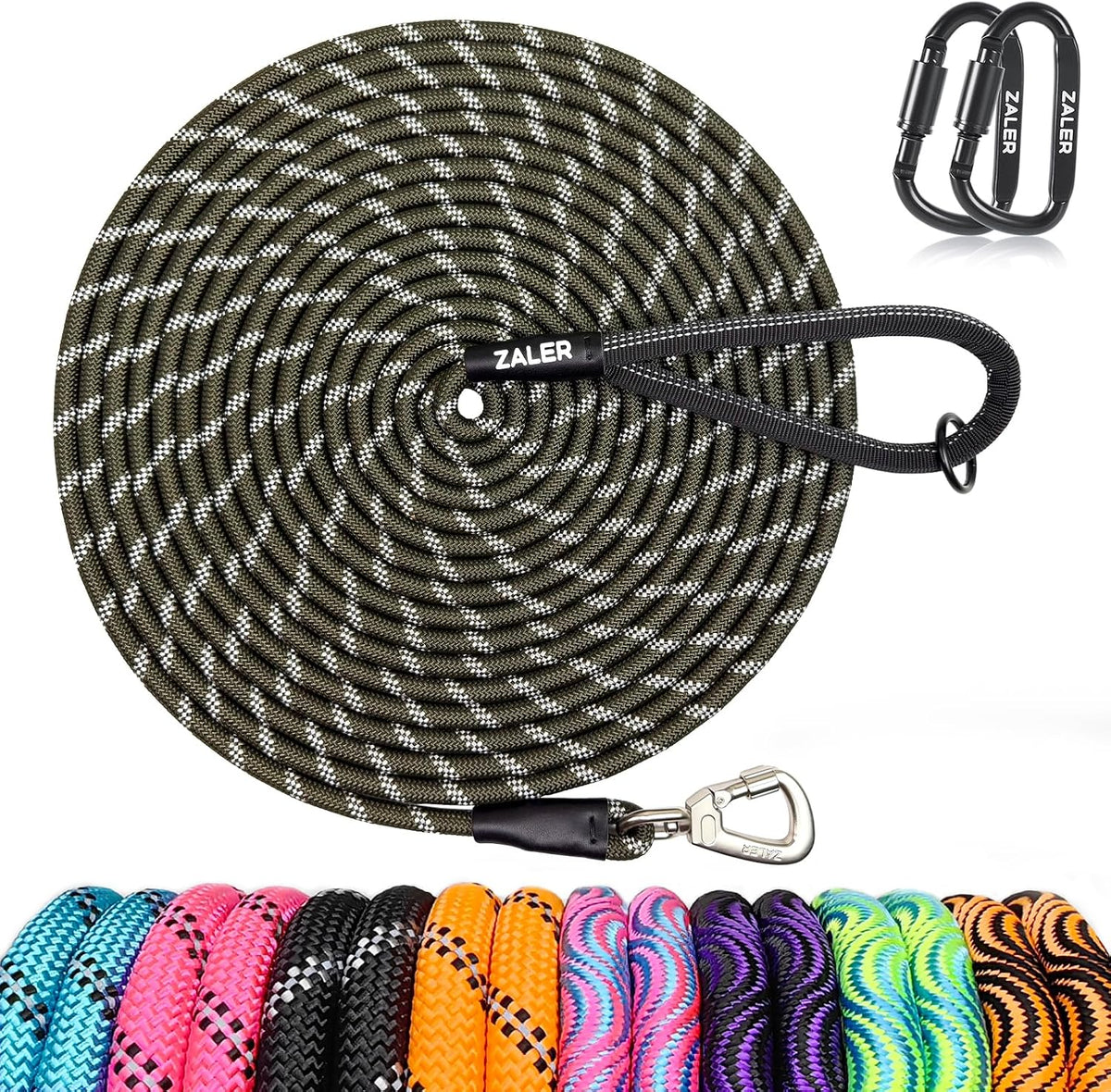 ZALER Long Dog Leash, 50 feet 30ft 20ft 15ft 10ft Dog Training Lead, Heavy Duty Reflective Check - Green / 50FT*2/5"