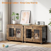 Lulive Small Dog Crate Furniture, Dog Kennel Indoor Double Doors Wooden Dog Cage, 27.1'' Heavy Duty Dog Crate with Cushion & Wheels, Decorative End Table Pet House Chew-Resistant for Small Dogs, Brown