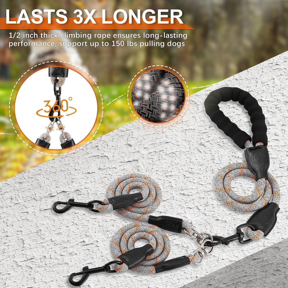 Double Dog Leash, No Tangle, Detachable360° Swivel - Grey / S (8-45 lbs) - image 2