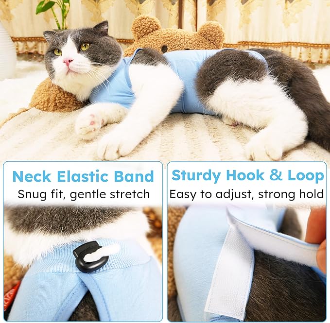 Cat Recovery Suit, Kitten Surgical Bodysuit for Abdominal Wound Anti Licking After Surgery, Pet Surgical Recovery Snugly Suit Cat Spay Recovery Suit Female for Small Male Female Cats Blue L