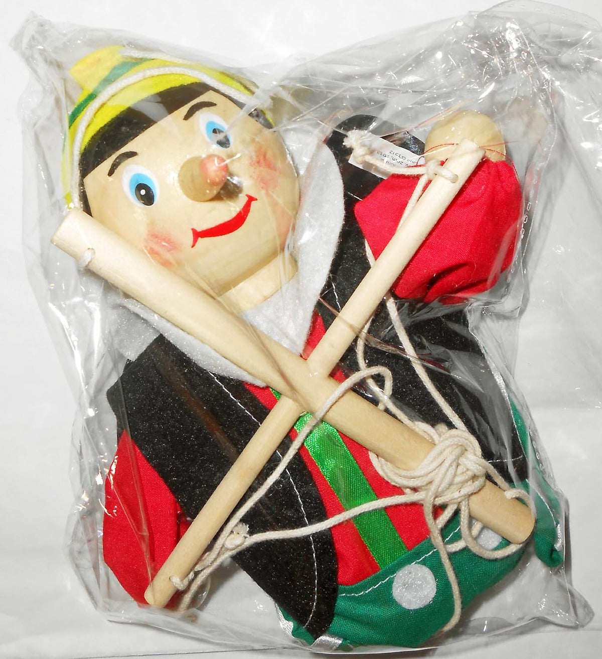 Original Toy Company wooden Pinocchio marionette with detailed clothing, 14 inches