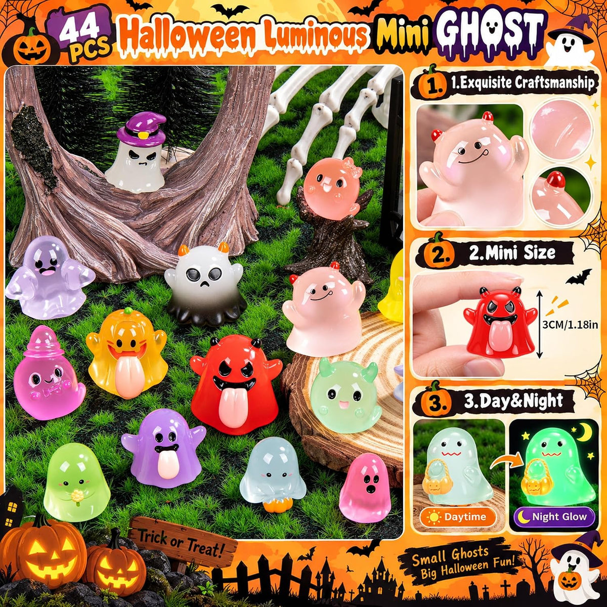 44Pcs Halloween Mini Ghost Figurines 44 Styles Luminous Resin - 44pcs-luminous Ghosts - image 3