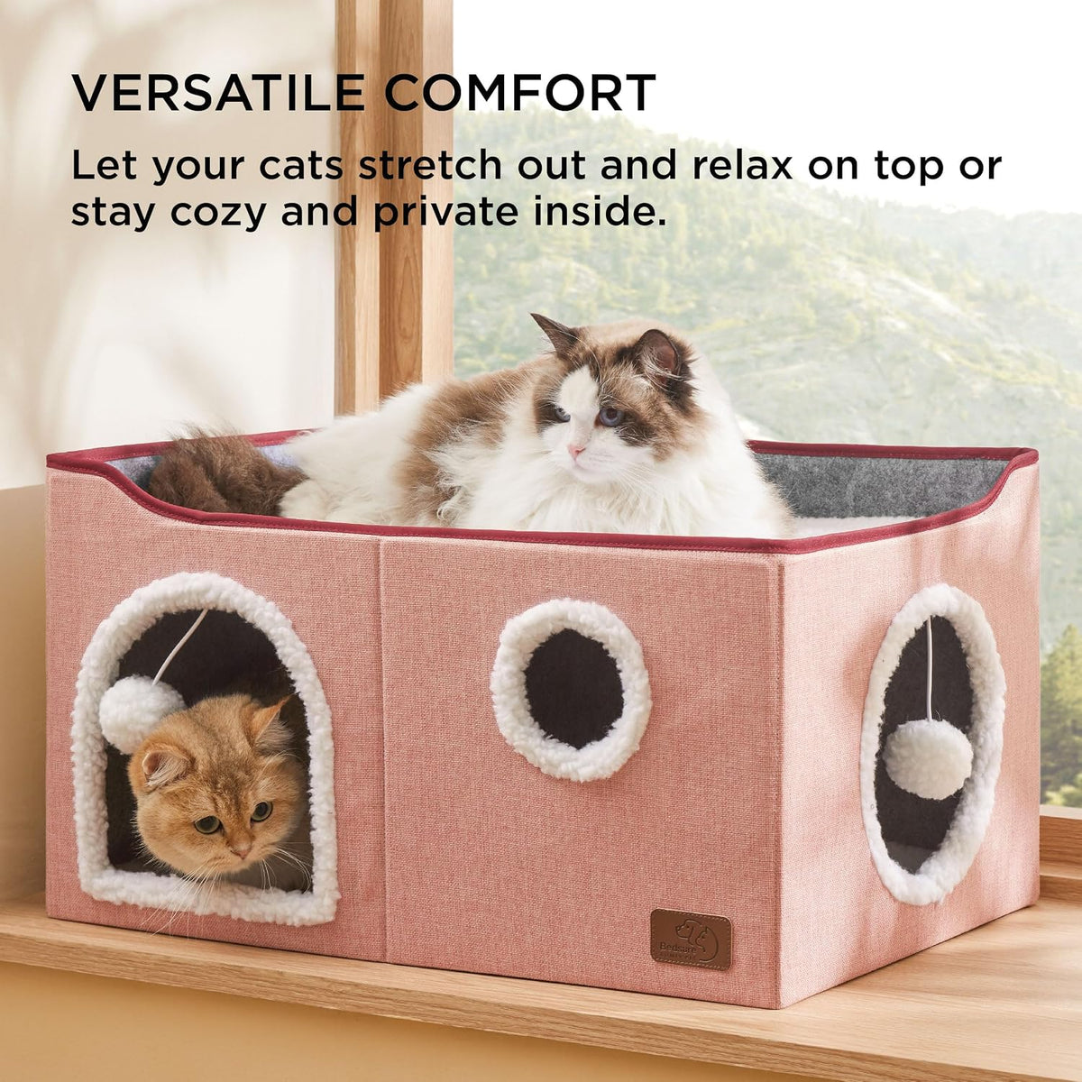 Bedsure Cat House Bed for Indoor Cats with Fluffy Ball and Scratch Pad - Pink / Widen - image 3