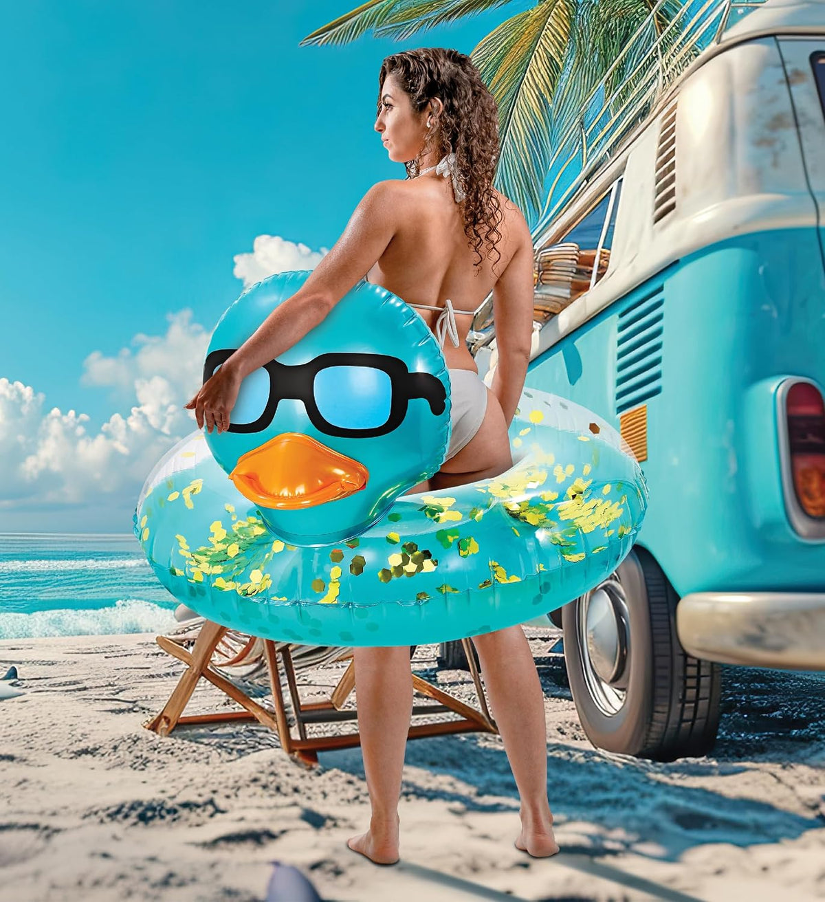 POZA inflatable duck pool float tube with gold confetti, sunglasses and orange beak - view 36