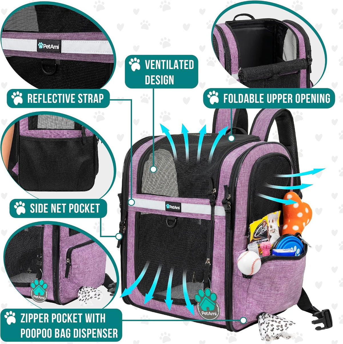 PetAmi Dog Backpack Carrier, 4-Way Entry Ventilated - Purple - image 3