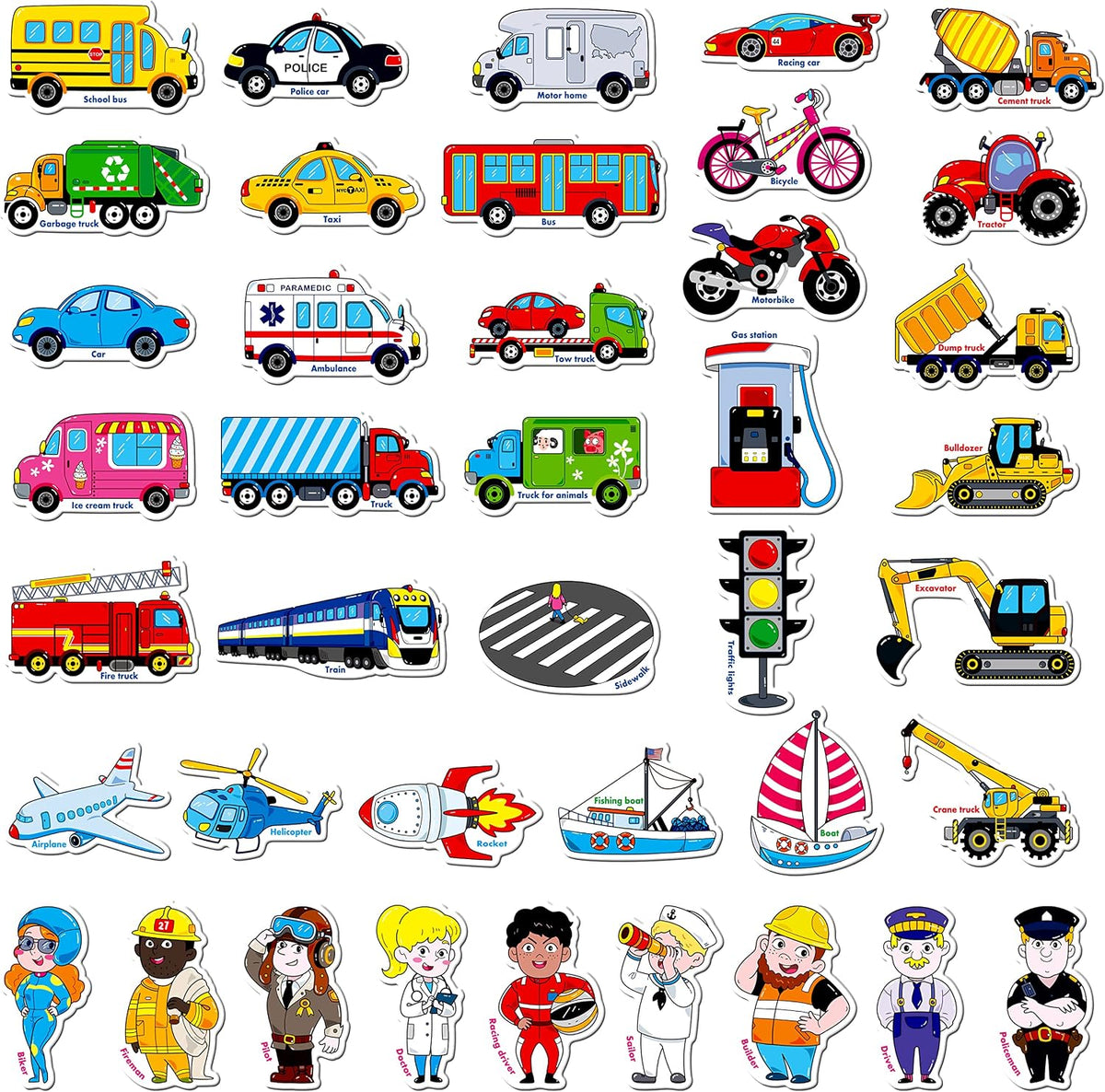 40 PCS Vehicle Magnets, Vehicles and Professions Fridge Magnets for Kids-Common Vehicles, Airplane
