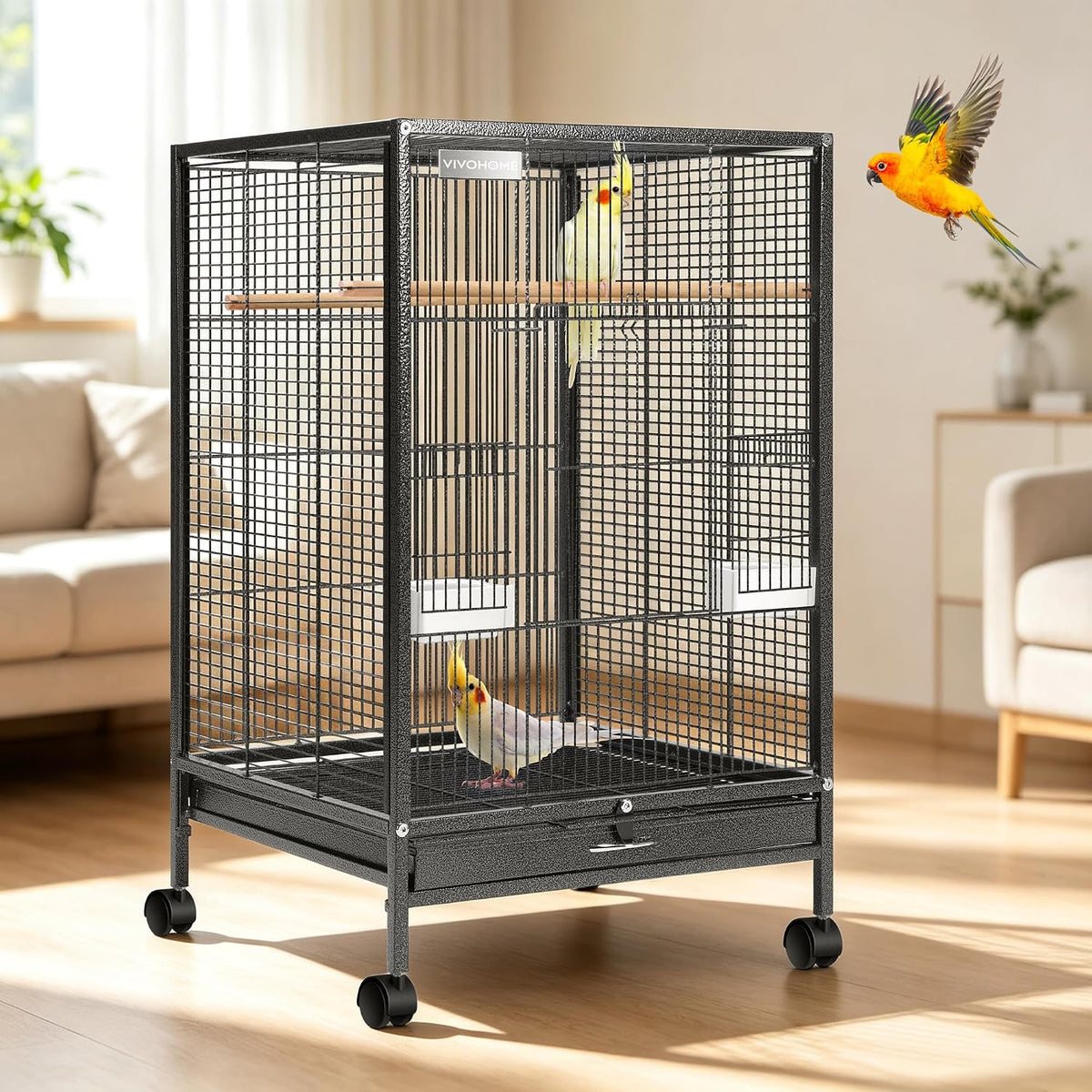 VIVOHOME Wrought Iron Bird Cage with Rolling Stand - Black