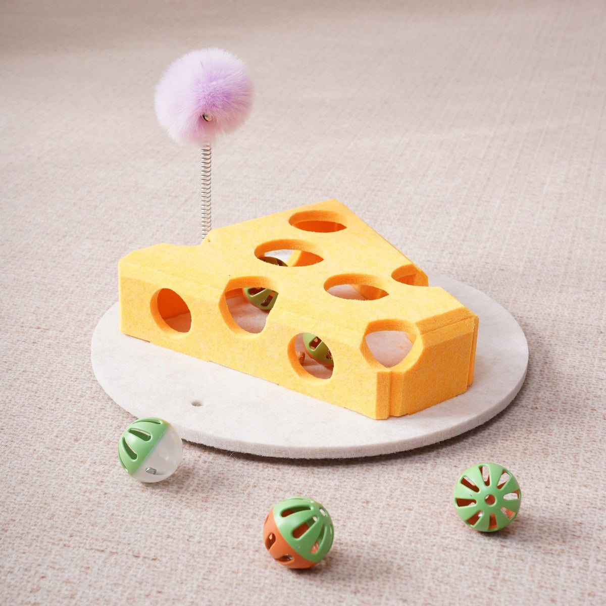 Cat Puzzle Toy With Ball And Spring-loaded Wand Felt Indoor Cat Toy Box Suction Cup Base Treat Puzzle Helps Cats Play In
